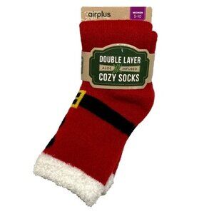 Red Holiday Socks Airplus Women's 5-10 Cozy Double Layer Aloe Infused 1 Pair NWT